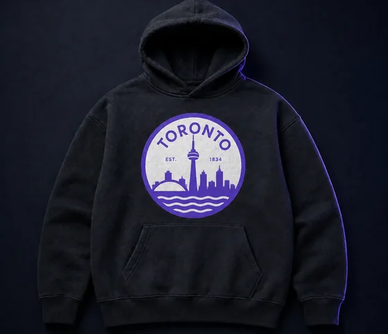 A flat two-colour badge screen-printed on a hoodie