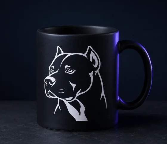 Vector line art in one flat colour on a black mug