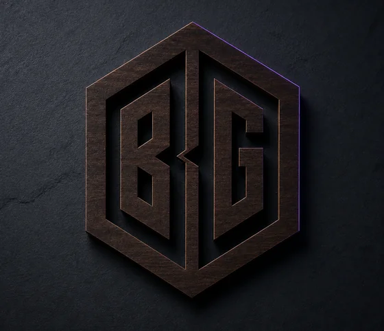 A monogram laser-cut through a dark wood panel